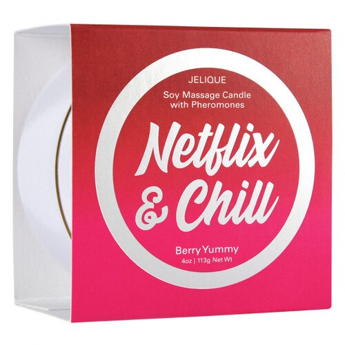 Front view of box of Jelique Pheromone Massage Candle Netflix & Chill on a white background